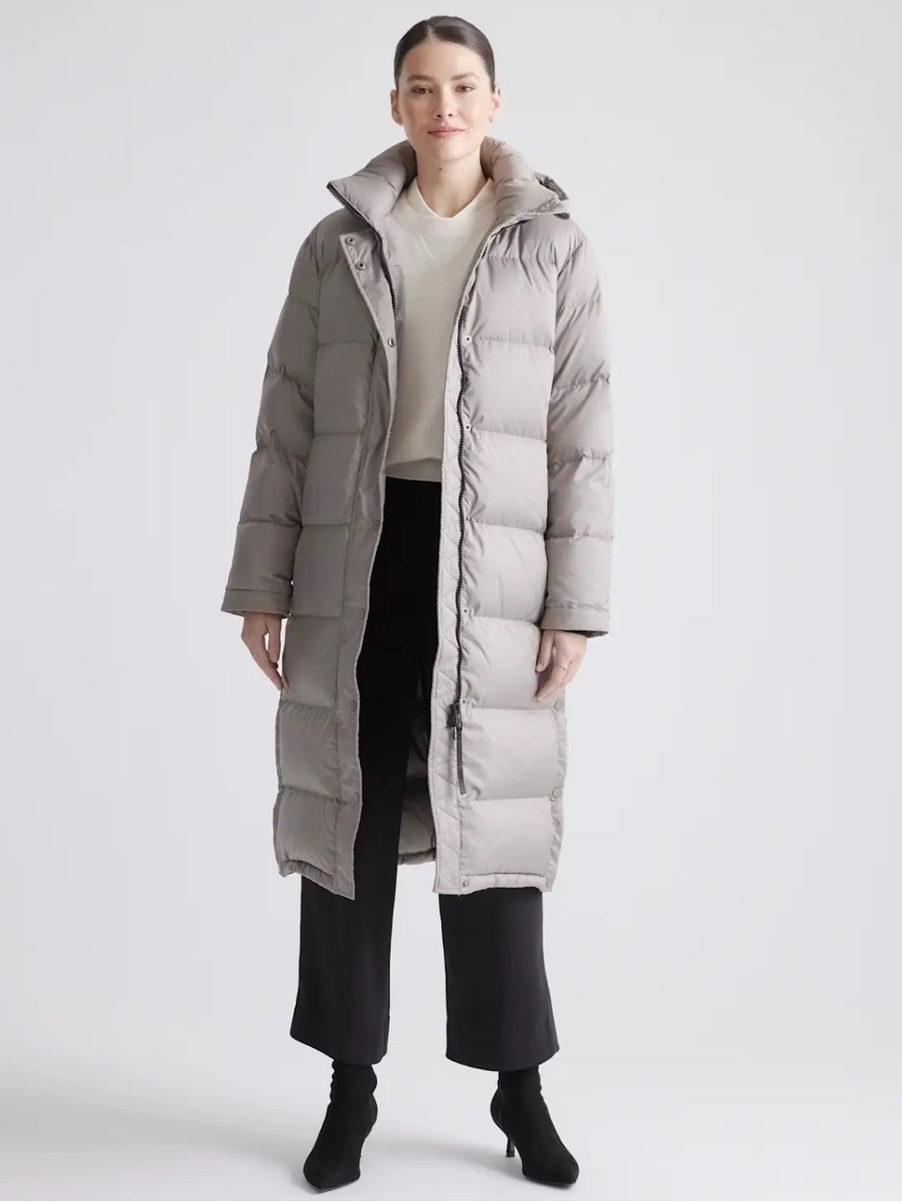 QUINCE Responsible Down Long Puffer Jacket Stone Taupe Color Sz Large